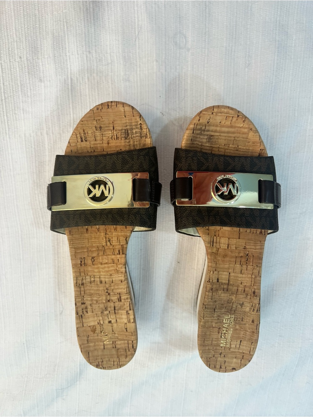 Michael Kors Brown Monogram Slides with Gold Logo